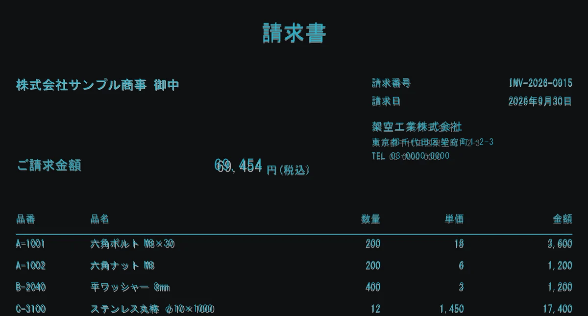 Accessの請求書のPDFを白、位置をmmのまま写したHTMLのPDFを水色で重ねた図。文字がほぼ重なり、ずれは最大0.6mm