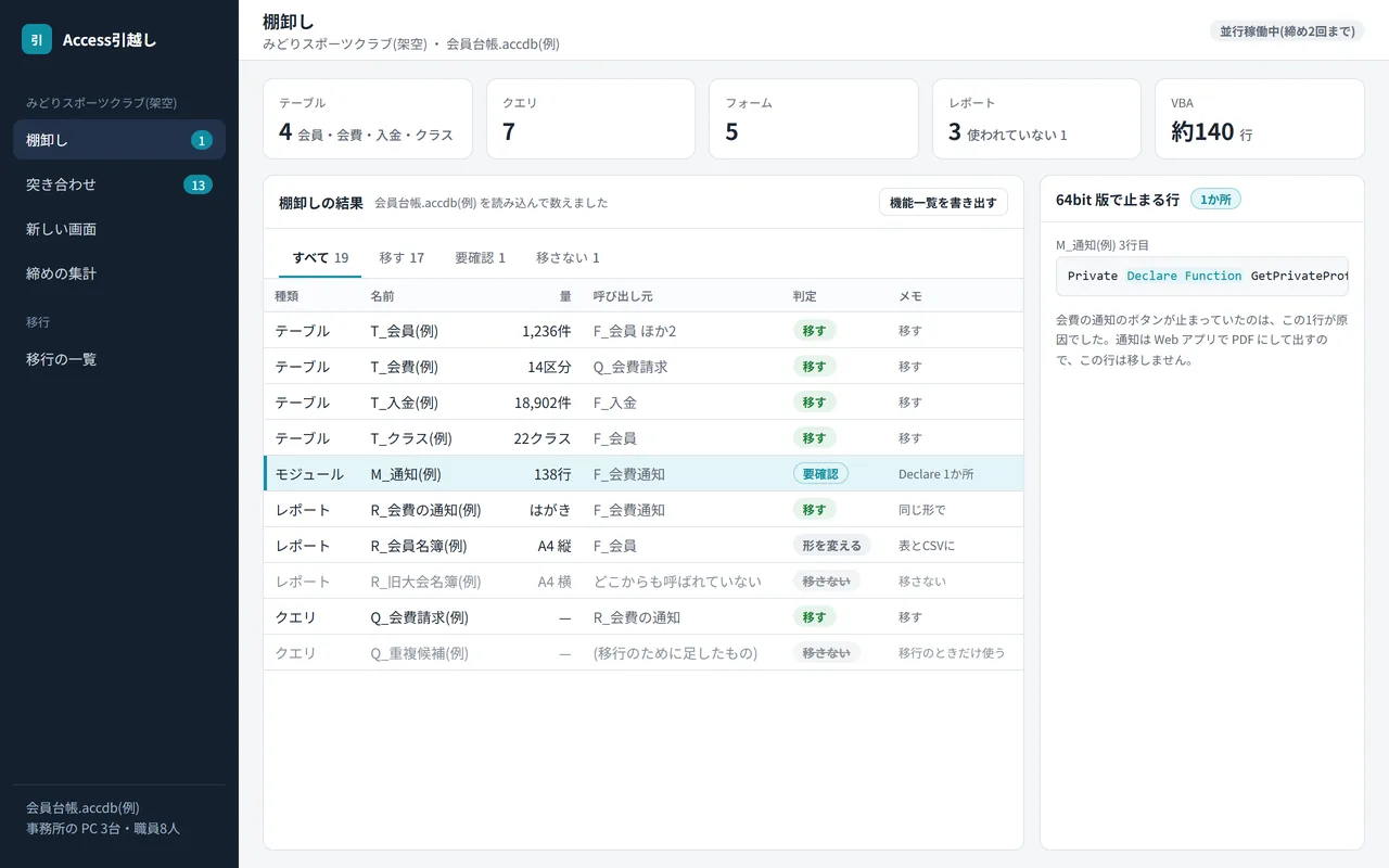 ① 今の Access を数えた一覧。テーブル・レポート・VBA と、移すかどうかの印が並ぶ