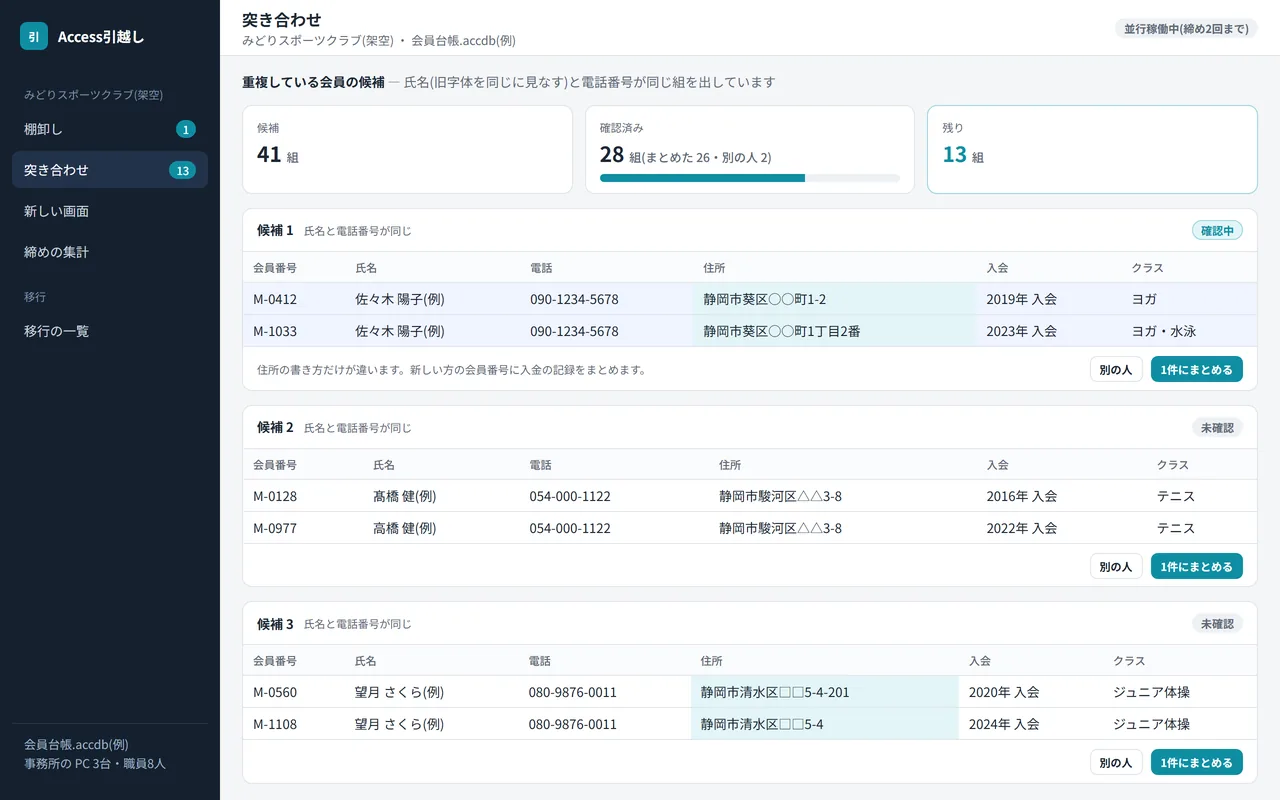 ② 新旧の帳票やデータを並べて確かめる。合わない行だけに色が付く