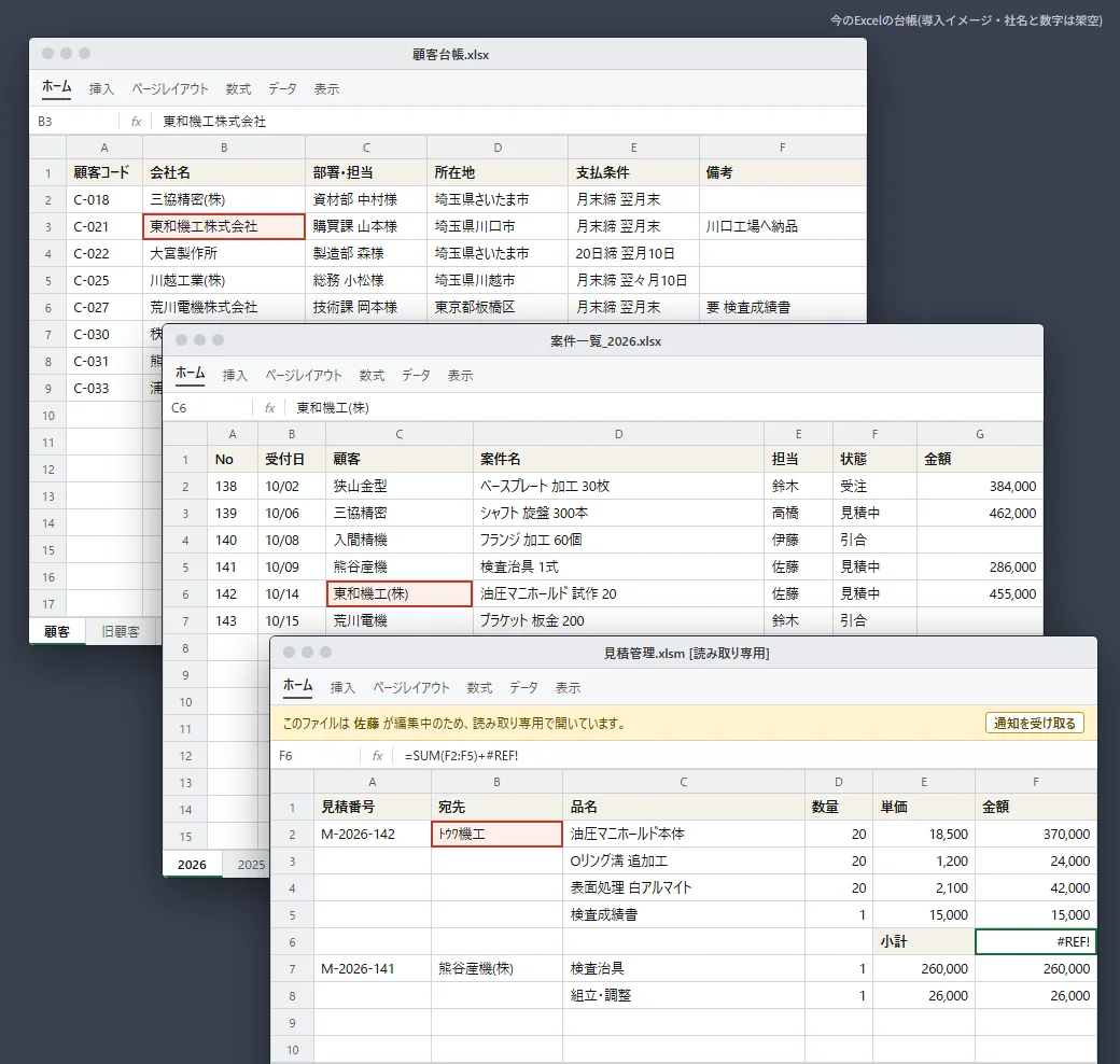 今のExcelの台帳。顧客・案件・見積の3つのファイルが並び、同じ会社名が3か所に打たれ、表記が少しずつ違っている