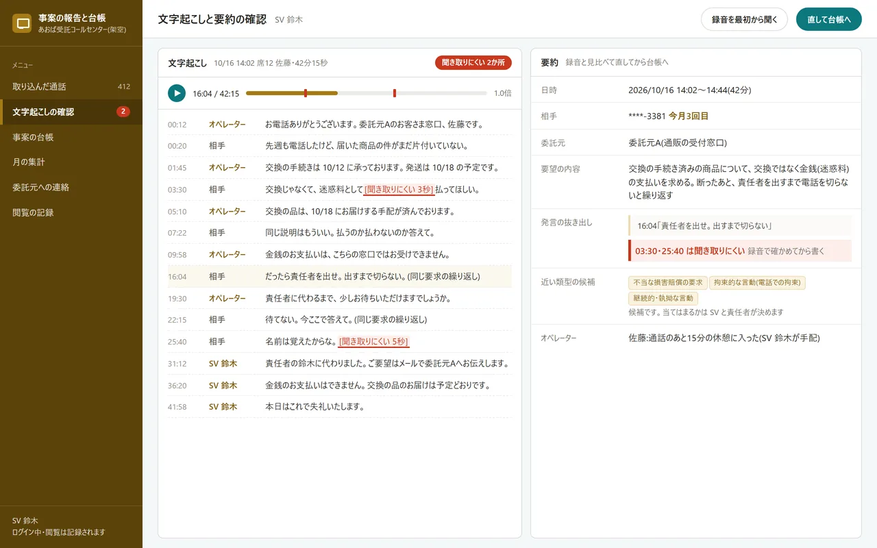 通話の文字起こしと要約を確かめる画面。左に文字起こし、右に日時・要望の内容・発言の抜き出しの要約があり、聞き取りにくい箇所だけに色が付いている