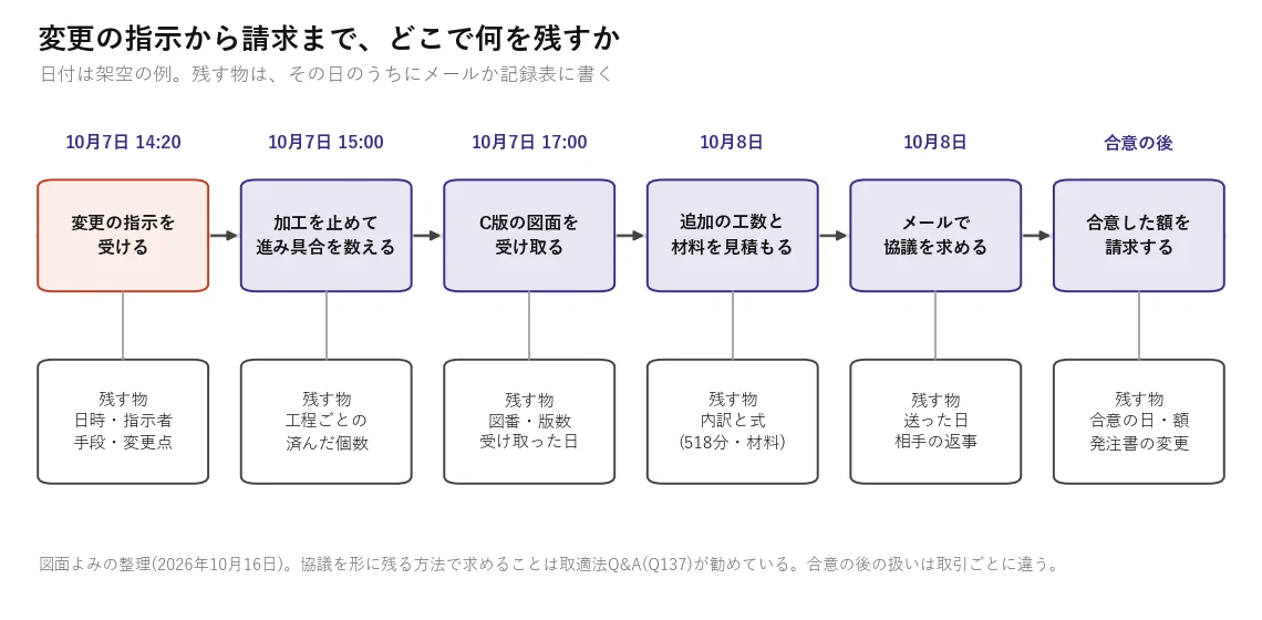 設計変更の指示から請求までの6段階の時系列図(架空の日付)。指示を受ける、加工を止めて数える、新しい版の図面を受け取る、工数と材料を見積もる、メールで協議を求める、合意した額を請求する。各段階で残す物を下に示す