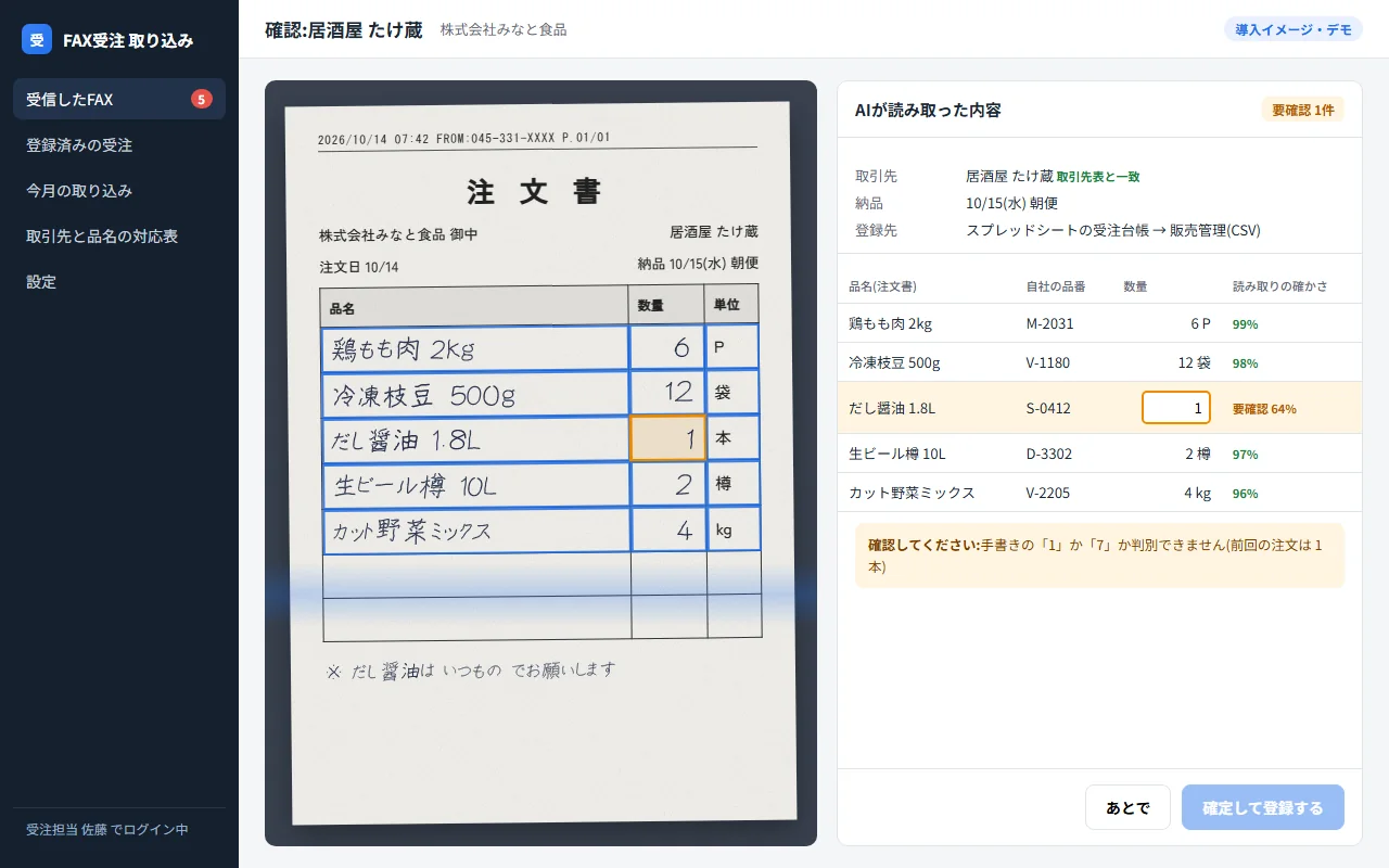 確認の画面。左に届いたFAX、右にAIが読み取って自社の品番に置き換えた明細。手書きの数量1だけが要確認になっている