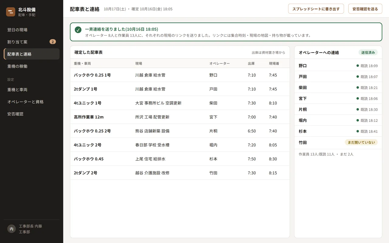 ③ 確定した配車表。オペレーターへ現場ごとのリンクで一斉に知らせた所