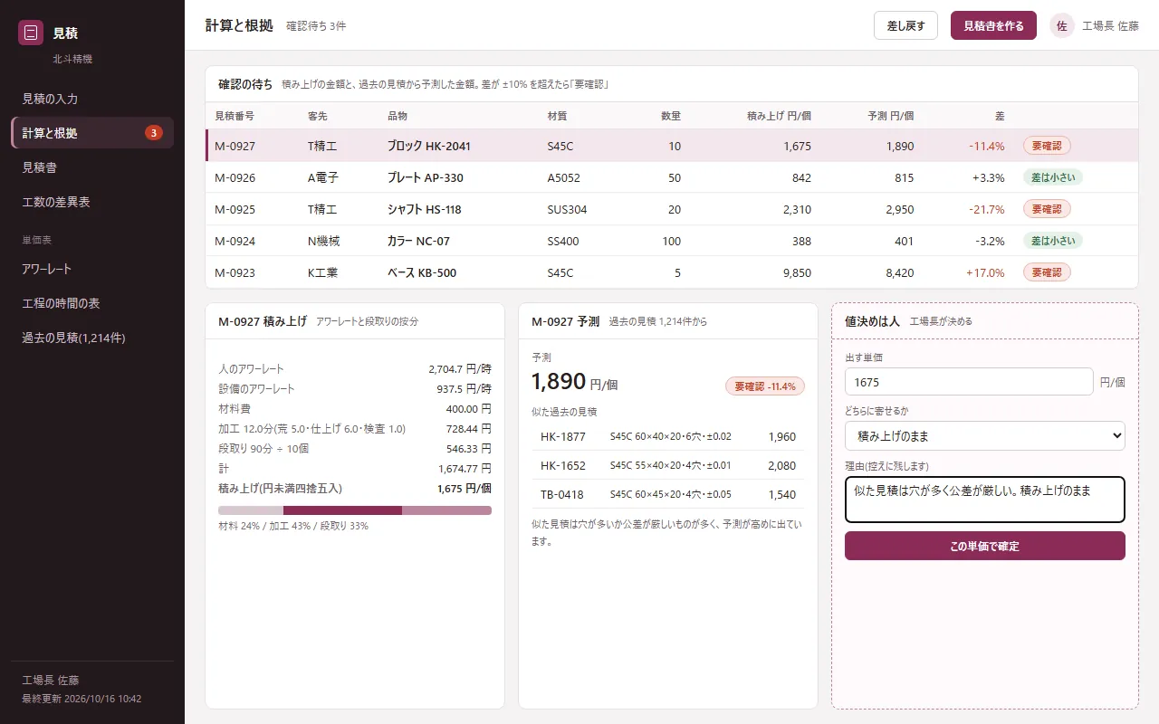 精密切削加工の導入イメージ。見積の金額と計算の根拠が並ぶ画面