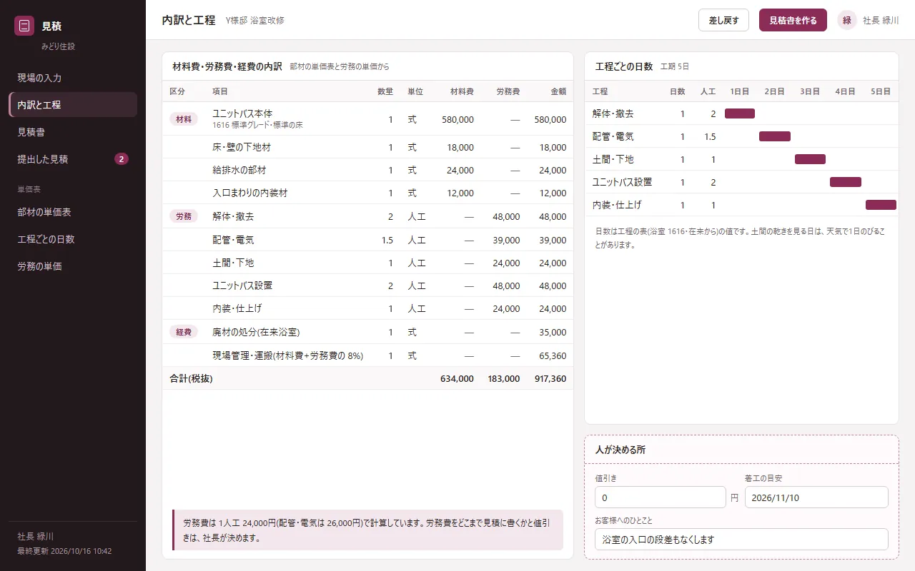 工務店・リフォームの導入イメージ。見積の金額と計算の根拠が並ぶ画面