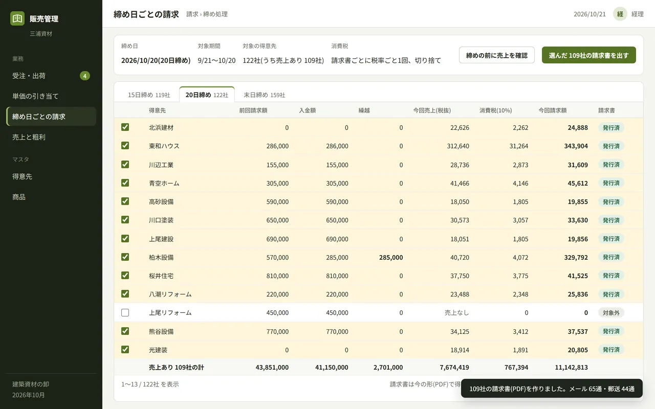 締めの請求の画面。締め日ごとの請求。20日締めの得意先だけを選び、請求書をまとめて出す