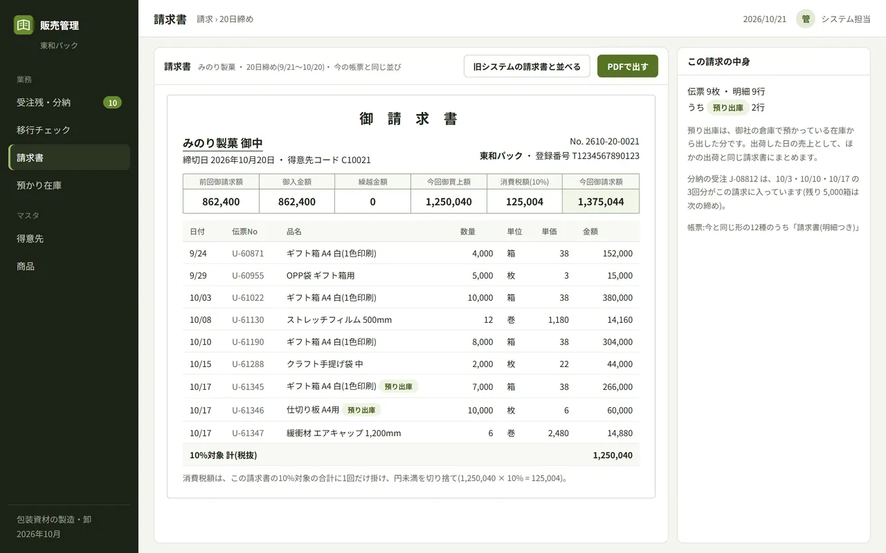 ③ 今と同じ形の請求書。預かり在庫から出荷した分も同じ請求にまとめる
