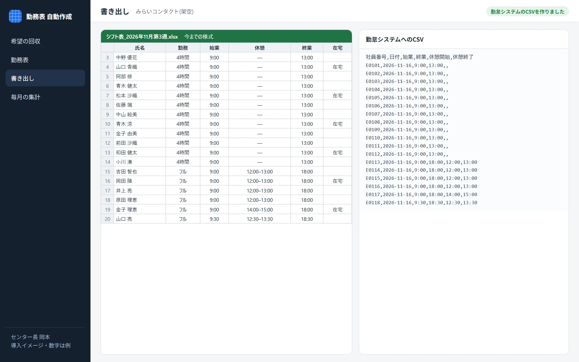 ③ 今までの様式のシフト表と、勤怠システム(CSV取り込み) のCSVに書き出す
