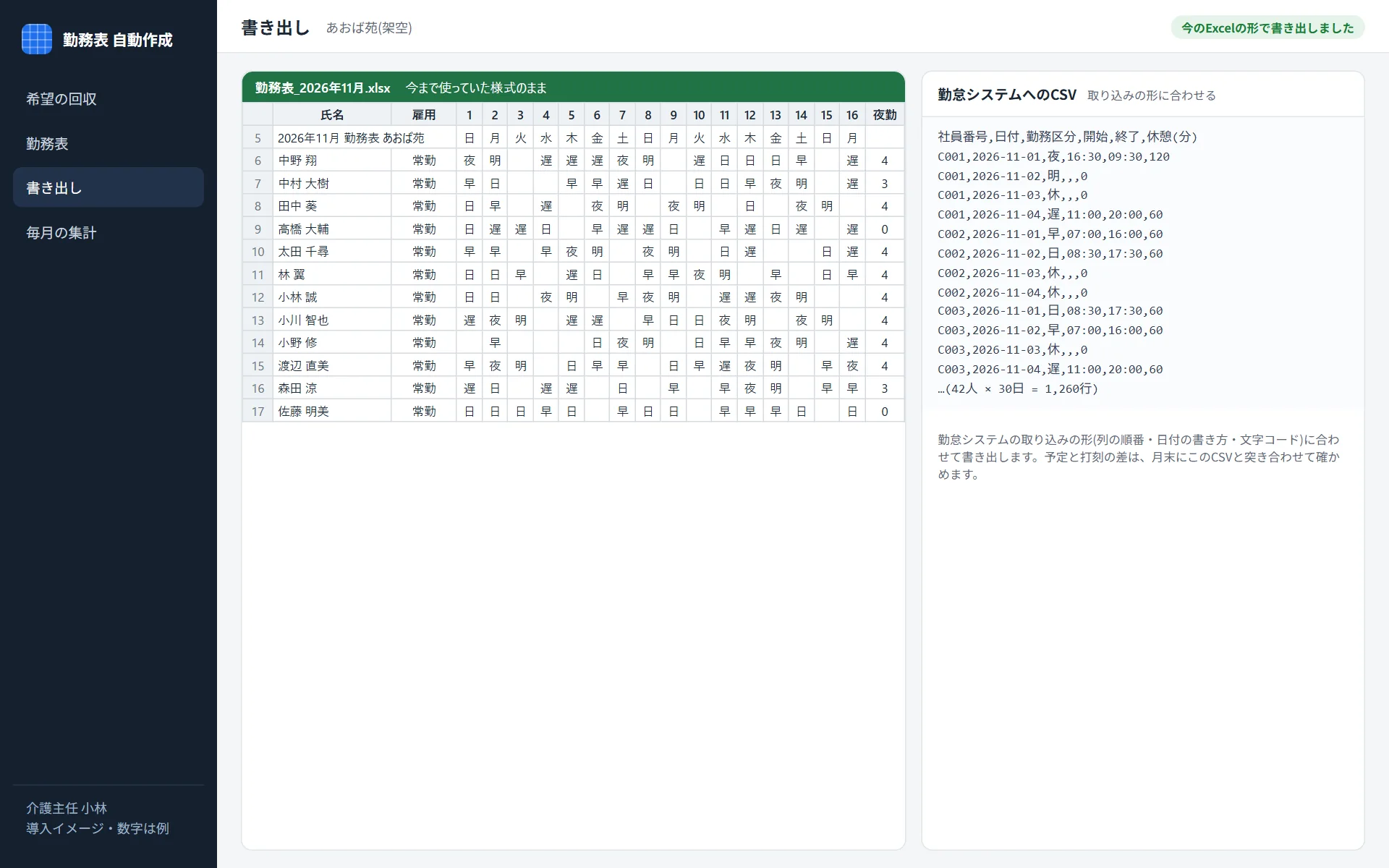 書き出しの画面。今まで使っていた様式のExcelの勤務表と、勤怠システムに取り込むCSV(社員番号・日付・勤務区分・開始・終了・休憩)が並んでいる